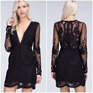 Honey Punch Black Embroidered Lace Long Sleeve V Neck Dress